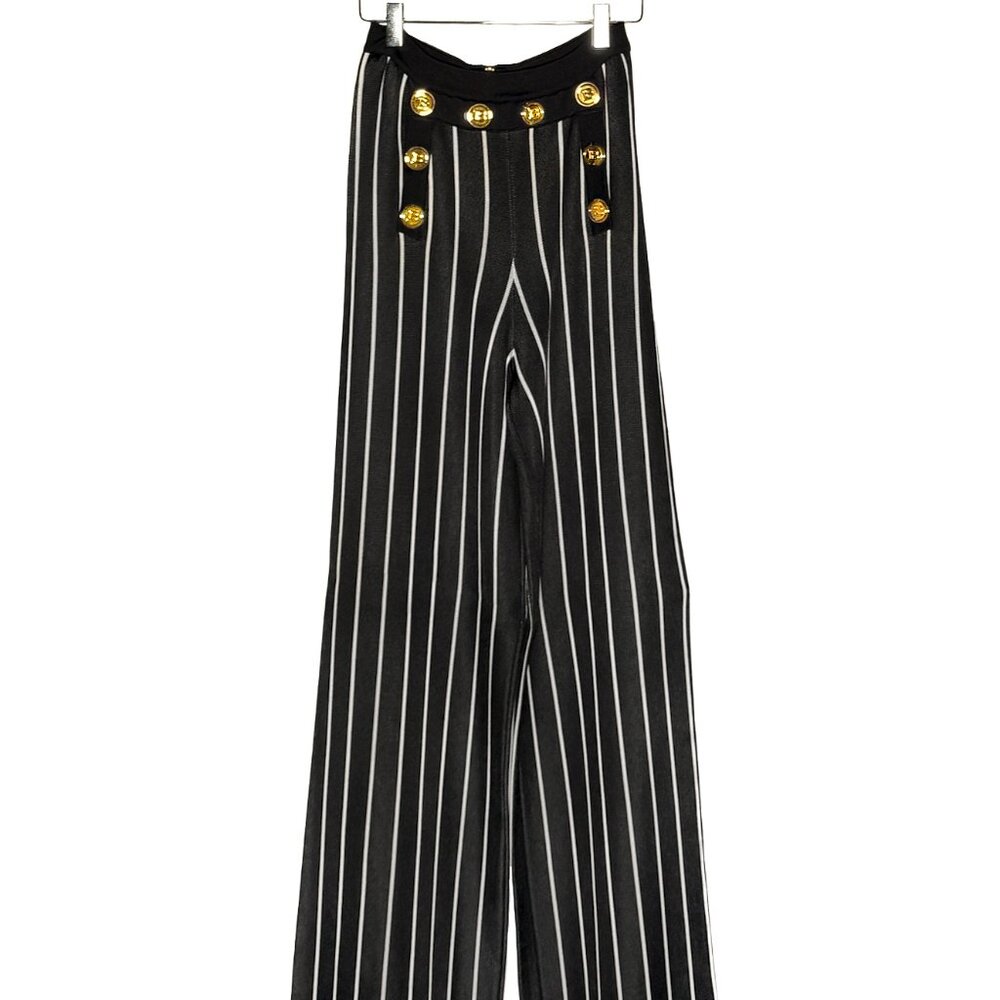 Balmain Black White Striped Buttons Accent Wide-Leg Knit Pants